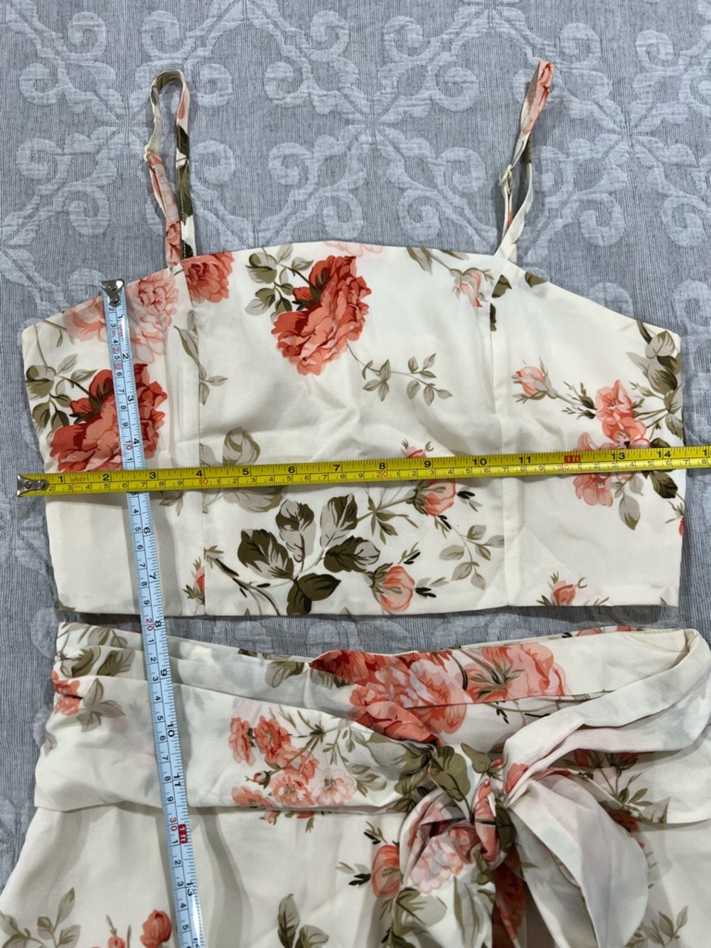 SHEIN Cream Midi Dress with Coral Floral Print and Waist Tie- 2 Piece Set - Picture 5 of 7